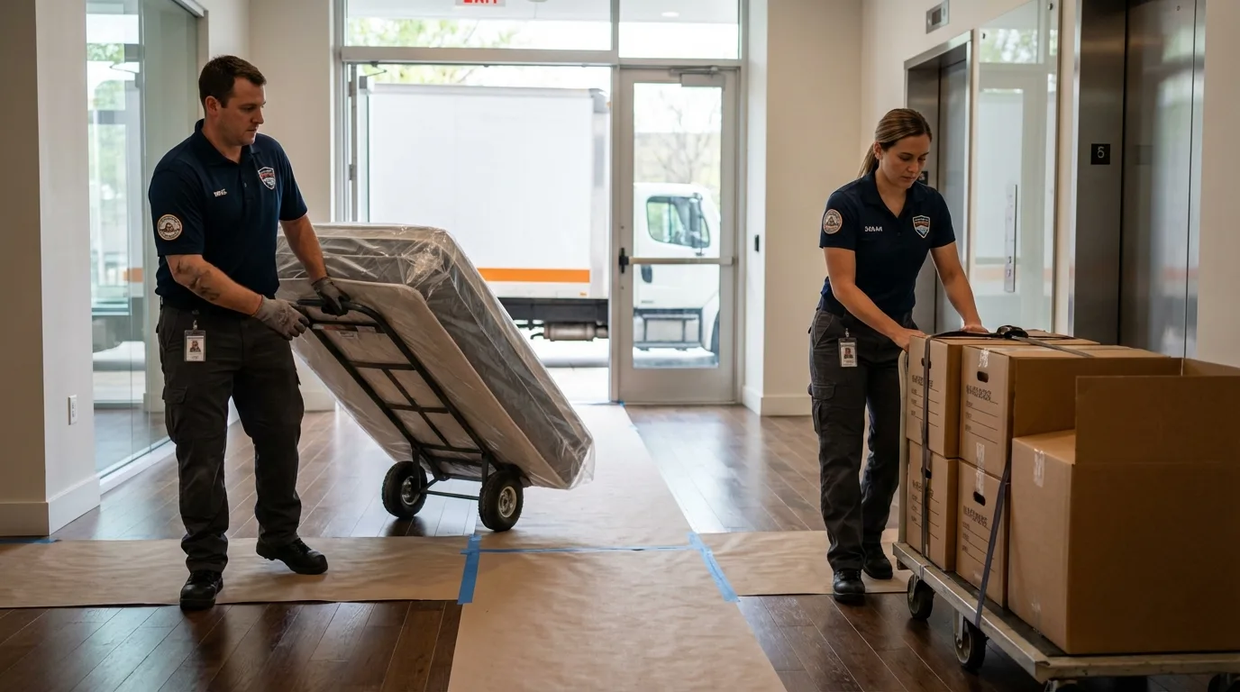 Professional apartment movers loading elevator in Pinson, AL